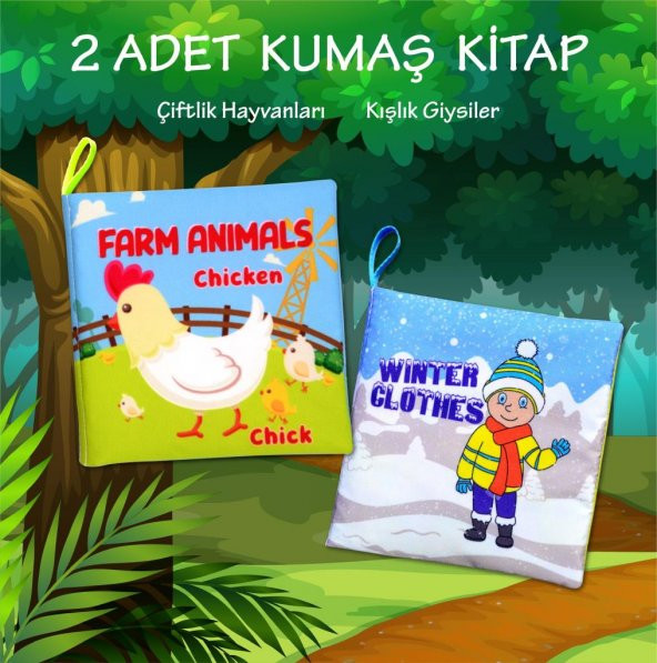 2 Kitap Tox İngilizce Çiftlik Hayvanları ve Kışlık Giysiler Kumaş Sessiz Kitap E124 E119 - Bez Kitap , Eğitici Oyuncak , Yumuşak ve Hışırtılı - 2