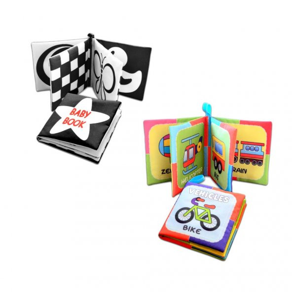 2 Kitap Tox İngilizce Siyah-Beyaz Bebek ve Taşıtlar Kumaş Sessiz Kitap E136 E132 - Bez Kitap , Eğitici Oyuncak , Yumuşak ve Hışırtılı - 3