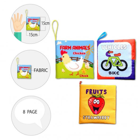 3 Kitap Tox İngilizce Çiftlik Hayvanları, Taşıtlar ve Meyveler Kumaş Sessiz Kitap E119 E132 E126 - Bez Kitap , Eğitici Oyuncak , Yumuşak ve Hışırtılı - 9