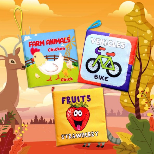 3 Kitap Tox İngilizce Çiftlik Hayvanları, Taşıtlar ve Meyveler Kumaş Sessiz Kitap E119 E132 E126 - Bez Kitap , Eğitici Oyuncak , Yumuşak ve Hışırtılı - 10