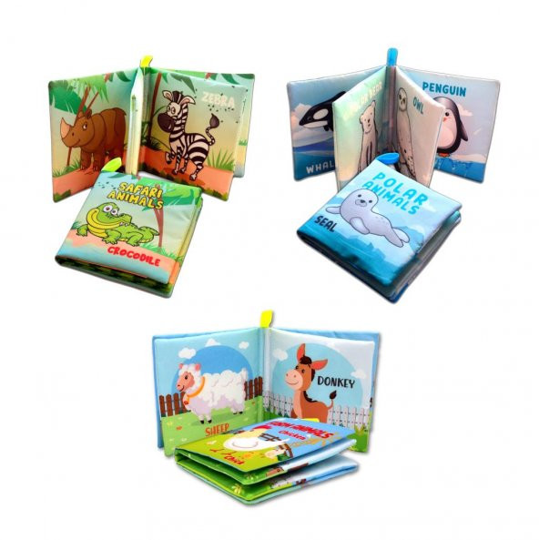 3 Kitap Tox İngilizce Çiftlik Hayvanları , Kutup ve Safari Hayvanları Kumaş Sessiz Kitap E119 E125 E130 - Bez Kitap , Eğitici Oyuncak , Yumuşak ve Hışırtılı - 3