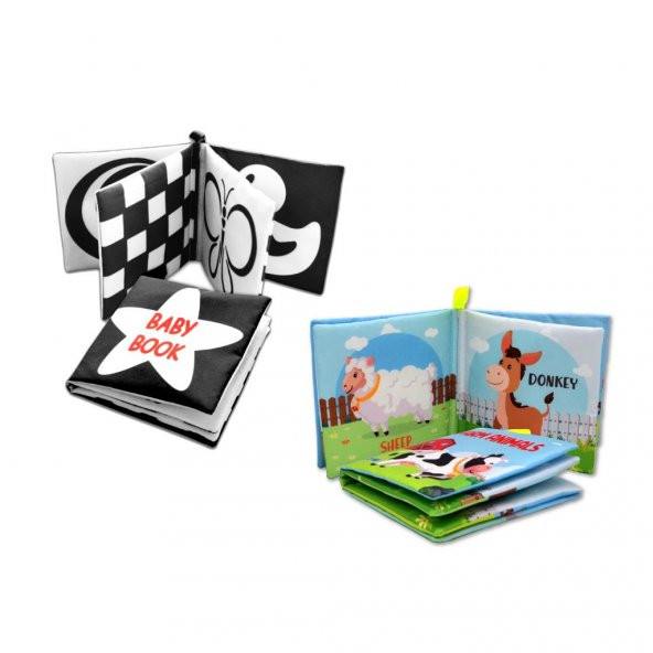 2 Kitap Tox İngilizce Siyah-Beyaz Bebek ve Çiftlik Hayvanları Kumaş Sessiz Kitap E136 E119 - Bez Kitap , Eğitici Oyuncak , Yumuşak ve Hışırtılı - Resim 3