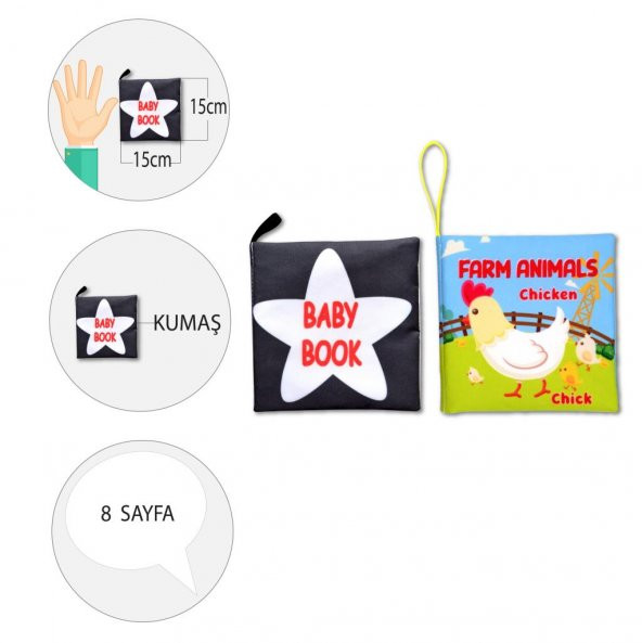 2 Kitap Tox İngilizce Siyah-Beyaz Bebek ve Çiftlik Hayvanları Kumaş Sessiz Kitap E136 E119 - Bez Kitap , Eğitici Oyuncak , Yumuşak ve Hışırtılı - Resim 4