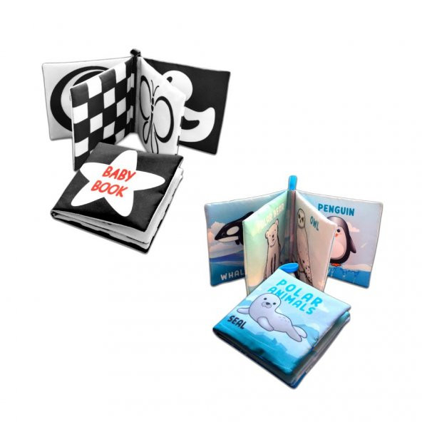 2 Kitap Tox İngilizce Siyah-Beyaz Bebek ve Kutup Hayvanları Kumaş Sessiz Kitap E136 E125 - Bez Kitap , Eğitici Oyuncak , Yumuşak ve Hışırtılı - 8