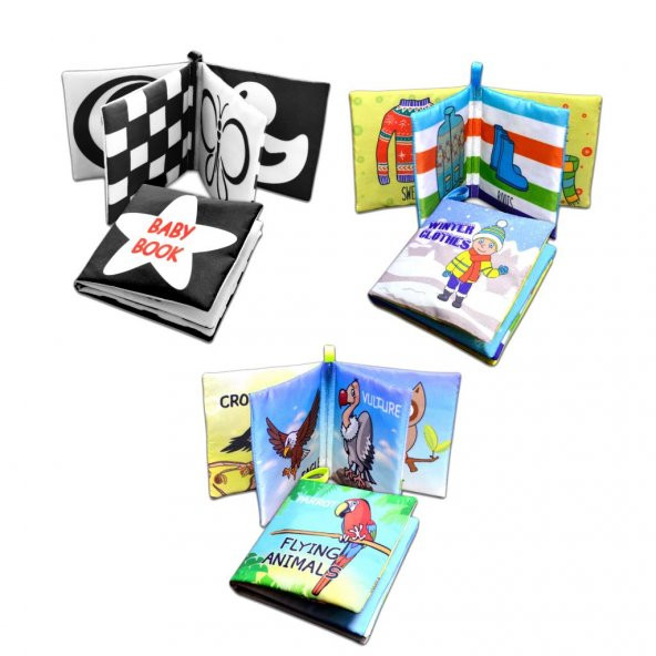 3 Kitap Tox İngilizce Siyah-Beyaz Bebek , Kışlık Giysiler ve Uçan Hayvanlar Kumaş Sessiz Kitap E125 E133 E136 - Bez Kitap , Eğitici Oyuncak , Yumuşak ve Hışırtılı - 3