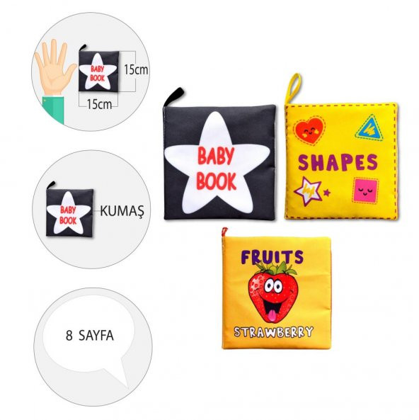 3 Kitap Tox İngilizce Şekiller, Meyveler ve Siyah-Beyaz Bebek Kumaş Sessiz Kitap E126 E131 E136 - Bez Kitap , Eğitici Oyuncak , Yumuşak ve Hışırtılı - 4
