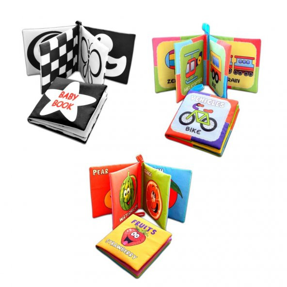 3 Kitap Tox İngilizce Taşıtlar , Meyveler ve Siyah-Beyaz Bebek Kumaş Sessiz Kitap E126 E132 E136 - Bez Kitap , Eğitici Oyuncak , Yumuşak ve Hışırtılı - 3