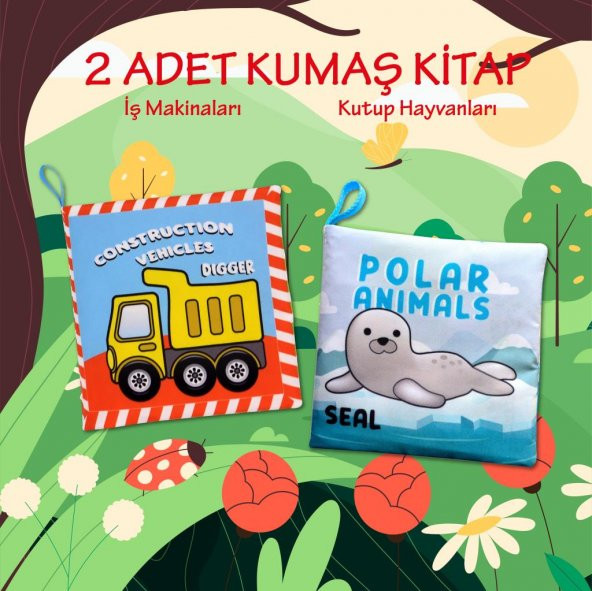 2 Kitap Tox İngilizce İş Makinaları ve Kutup Hayvanları Kumaş Sessiz Kitap E118 E125 - Bez Kitap , Eğitici Oyuncak , Yumuşak ve Hışırtılı - 2
