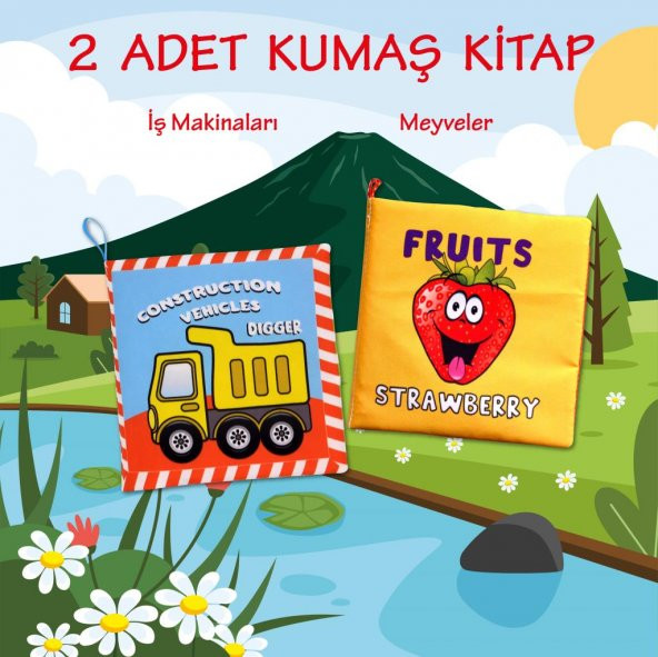 2 Kitap Tox İngilizce İş Makinaları ve Meyveler Kumaş Sessiz Kitap E118 E126 - Bez Kitap , Eğitici Oyuncak , Yumuşak ve Hışırtılı - 2