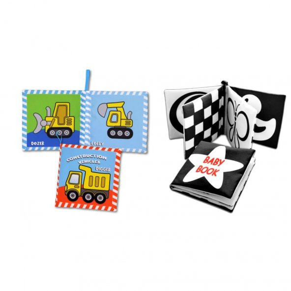 2 Kitap Tox İngilizce İş Makinaları ve Siyah - Beyaz Bebek Kumaş Sessiz Kitap E118 E136 - Bez Kitap , Eğitici Oyuncak , Yumuşak ve Hışırtılı - 3
