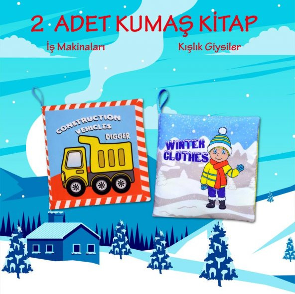 2 Kitap Tox İngilizce İş Makinaları ve Kışlık Giysiler Kumaş Sessiz Kitap E118 E124 - Bez Kitap , Eğitici Oyuncak , Yumuşak ve Hışırtılı - 2
