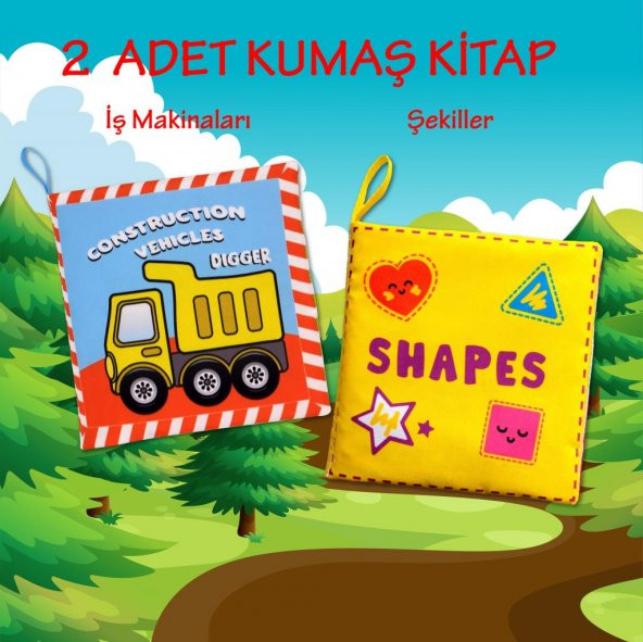2 Kitap Tox İngilizce İş Makinaları ve Şekiller Kumaş Sessiz Kitap E118 E131 - Bez Kitap , Eğitici Oyuncak , Yumuşak ve Hışırtılı - 2