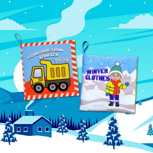 2 Kitap Tox İngilizce İş Makinaları ve Kışlık Giysiler Kumaş Sessiz Kitap E118 E124 - Bez Kitap , Eğitici Oyuncak , Yumuşak ve Hışırtılı - 5