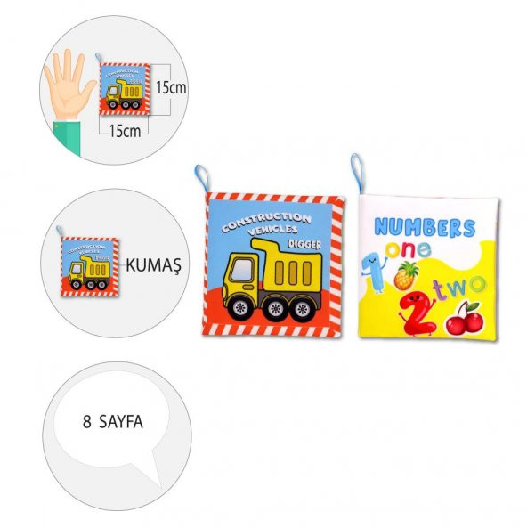 2 Kitap Tox İngilizce İş Makinaları ve Rakamlar Kumaş Sessiz Kitap E118 E128 - Bez Kitap , Eğitici Oyuncak , Yumuşak ve Hışırtılı - 4