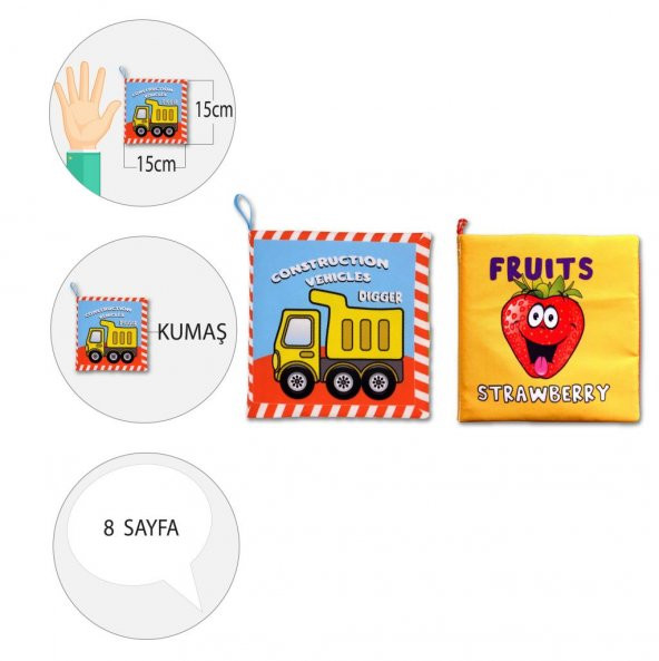 2 Kitap Tox İngilizce İş Makinaları ve Meyveler Kumaş Sessiz Kitap E118 E126 - Bez Kitap , Eğitici Oyuncak , Yumuşak ve Hışırtılı - 4