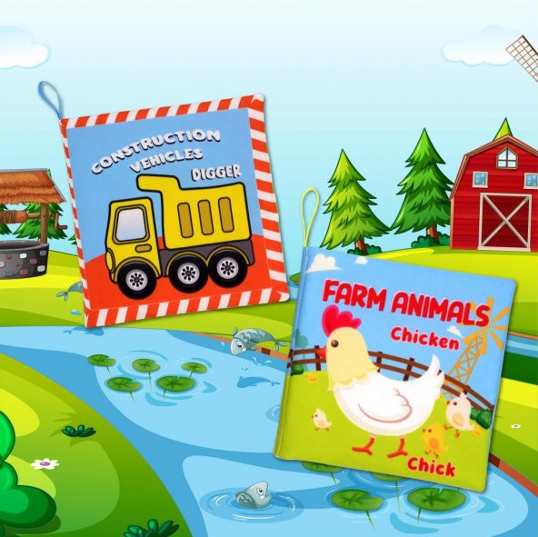 2 Kitap Tox İngilizce İş Makinaları ve Çiftlik Hayvanları Kumaş Sessiz Kitap E118 E119 - Bez Kitap , Eğitici Oyuncak , Yumuşak ve Hışırtılı - 5