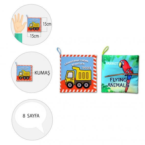 2 Kitap Tox İngilizce İş Makinaları ve Uçan Hayvanlar Kumaş Sessiz Kitap E118 E133 - Bez Kitap , Eğitici Oyuncak , Yumuşak ve Hışırtılı - 4