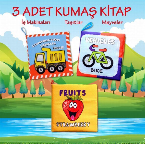 3 Kitap Tox İngilizce Taşıtlar , Meyveler ve İş Makinaları Kumaş Sessiz Kitap E118 E126 E132 - Bez Kitap , Eğitici Oyuncak , Yumuşak ve Hışırtılı - 2