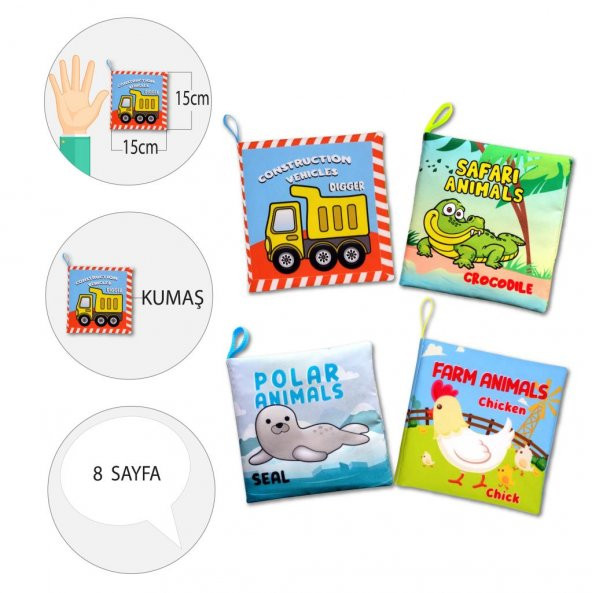 4 Kitap Tox İngilizce İş Makinaları, Çiftlik, Orman ve Kutup Hayvanları Kumaş Sessiz Kitap E118 E119 E125 E130 - Bez Kitap , Eğitici Oyuncak , Yumuşak ve Hışırtılı - 4