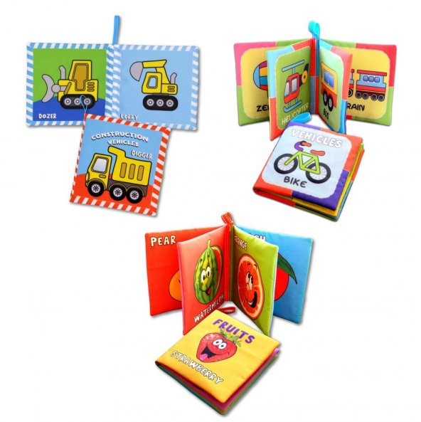 3 Kitap Tox İngilizce Taşıtlar , Meyveler ve İş Makinaları Kumaş Sessiz Kitap E118 E126 E132 - Bez Kitap , Eğitici Oyuncak , Yumuşak ve Hışırtılı - 3