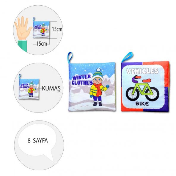 2 Kitap Tox İngilizce Kışlık Giysiler ve Taşıtlar Kumaş Sessiz Kitap E132 E124 - Bez Kitap , Eğitici Oyuncak , Yumuşak ve Hışırtılı - 4