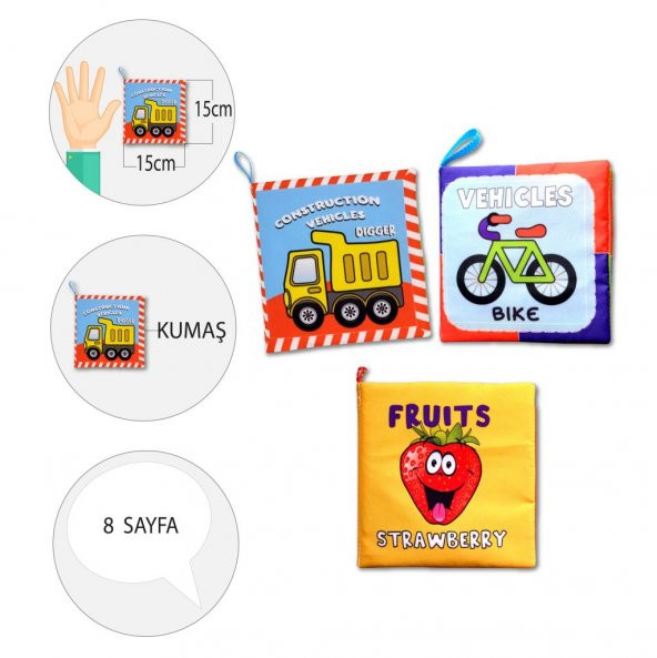 3 Kitap Tox İngilizce Taşıtlar , Meyveler ve İş Makinaları Kumaş Sessiz Kitap E118 E126 E132 - Bez Kitap , Eğitici Oyuncak , Yumuşak ve Hışırtılı - 4