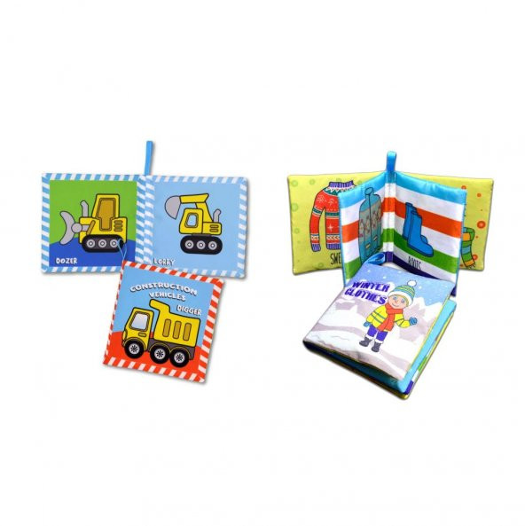 2 Kitap Tox İngilizce Kışlık Giysiler ve İş Makinaları Kumaş Sessiz Kitap E124 E132 - Bez Kitap , Eğitici Oyuncak , Yumuşak ve Hışırtılı - 3