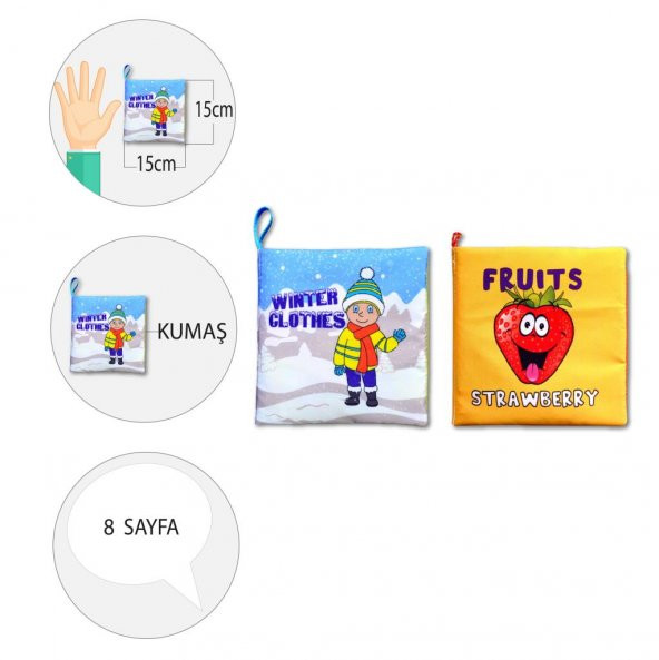 2 Kitap Tox İngilizce Kışlık Giysiler ve Meyveler Kumaş Sessiz Kitap E124 E126 - Bez Kitap , Eğitici Oyuncak , Yumuşak ve Hışırtılı - 4
