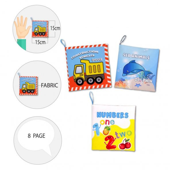 3 Kitap Tox İngilizce Rakamlar , İş Makinaları ve Deniz Canlıları Kumaş Sessiz Kitap E118 E122 E128 - Bez Kitap , Eğitici Oyuncak , Yumuşak ve Hışırtılı - 9