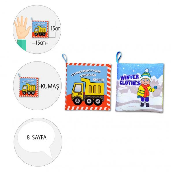 2 Kitap Tox İngilizce Kışlık Giysiler ve İş Makinaları Kumaş Sessiz Kitap E124 E132 - Bez Kitap , Eğitici Oyuncak , Yumuşak ve Hışırtılı - 4