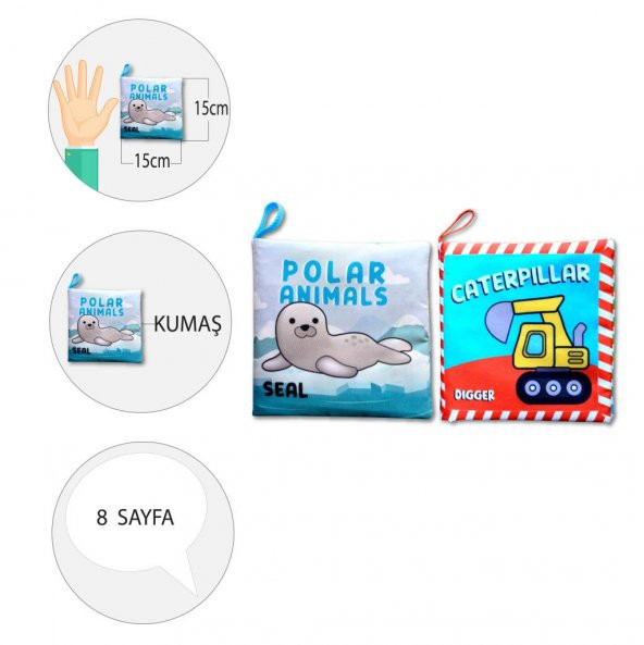 2 Kitap Tox İngilizce Kutup Hayvanları ve İş Makinaları Kumaş Sessiz Kitap E125 E118 - Bez Kitap , Eğitici Oyuncak , Yumuşak ve Hışırtılı - 4