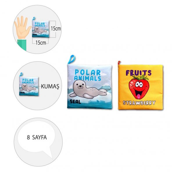 2 Kitap Tox İngilizce Kutup Hayvanları ve Meyveler Kumaş Sessiz Kitap E125 E126 - Bez Kitap , Eğitici Oyuncak , Yumuşak ve Hışırtılı - 4