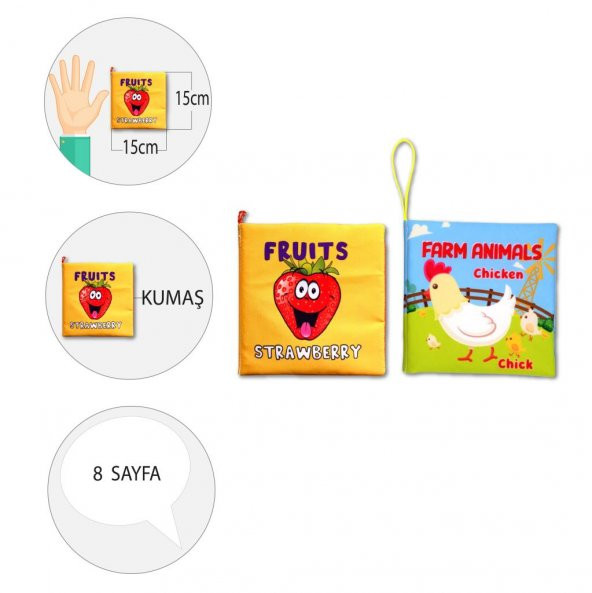 2 Kitap Tox İngilizce Meyveler ve Çiftlik Hayvanları Kumaş Sessiz Kitap E126 E119 - Bez Kitap , Eğitici Oyuncak , Yumuşak ve Hışırtılı - 4