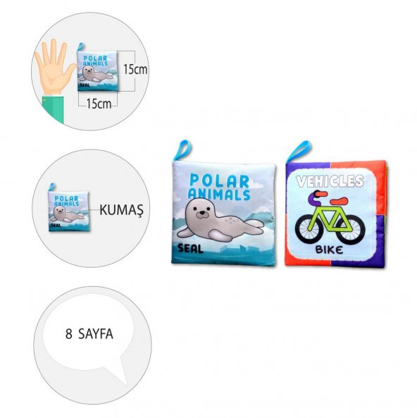 2 Kitap Tox İngilizce Kutup Hayvanları ve Taşıtlar Kumaş Sessiz Kitap E125 E132 - Bez Kitap , Eğitici Oyuncak , Yumuşak ve Hışırtılı - 4