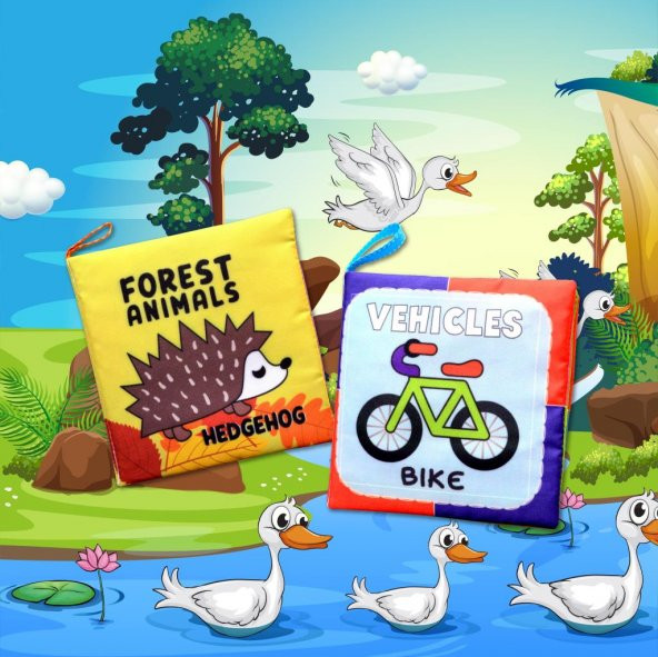 2 Kitap Tox İngilizce Orman Hayvanları ve Taşıtlar Kumaş Sessiz Kitap E127 E132 - Bez Kitap , Eğitici Oyuncak , Yumuşak ve Hışırtılı - 5