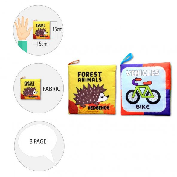 2 Kitap Tox İngilizce Orman Hayvanları ve Taşıtlar Kumaş Sessiz Kitap E127 E132 - Bez Kitap , Eğitici Oyuncak , Yumuşak ve Hışırtılı - 9