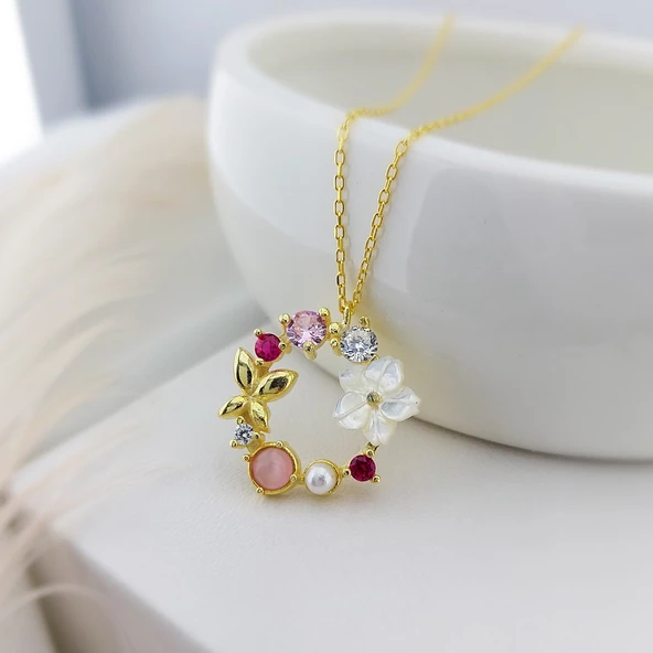 Vaoov 925 Ayar Gümüş Pembe Taşlı Sedef Çiçekli Kolye ürün görseli