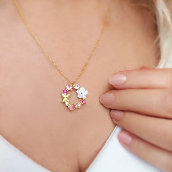 Vaoov 925 Ayar Gümüş Pembe Taşlı Sedef Çiçekli Kolye - Resim 4