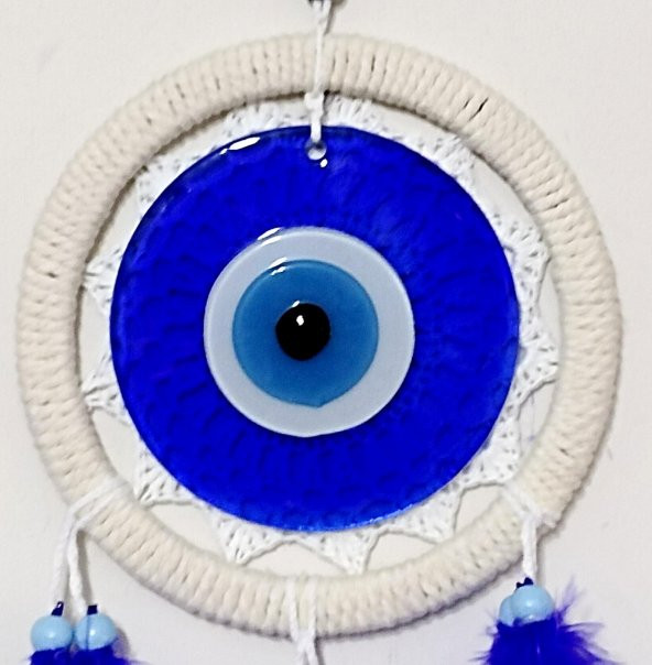 Mavi Renk Dream Catcher Mavi Nazar Boncuklu Kuş Tüylü Düş Kapanı Duvar Süsü - 3