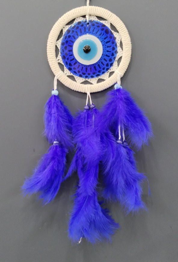 Mavi Renk Dream Catcher Mavi Nazar Boncuklu Kuş Tüylü Düş Kapanı Duvar Süsü - 5