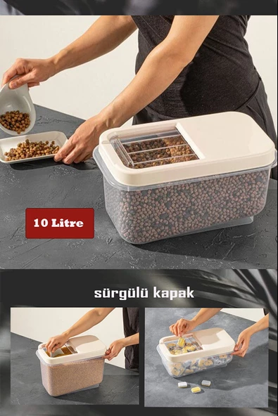 Sürgülü Kapaklı 10 LT Erzak Bakliyat Un Şeker Saklama Kabı