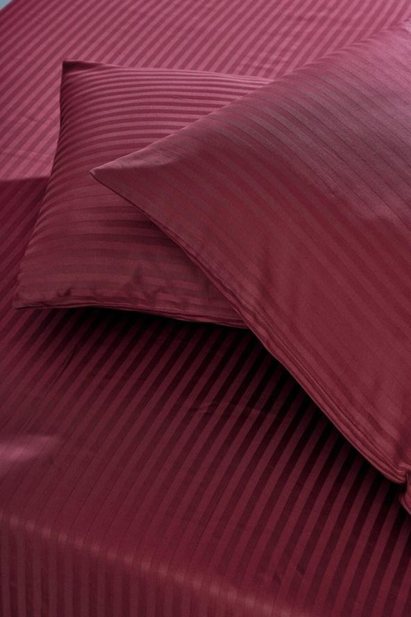 Nevresim Dünyası Basic Stripe Tek Kişilik Fitted Micro Saten Çarşaf ve 1 Yastık Kılıfı Bordo