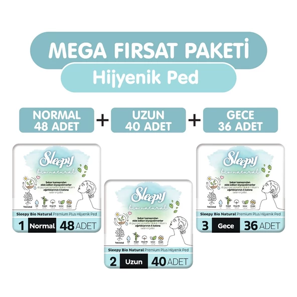 Sleepy Bio Natural Premium Plus Hijyenik Ped 124 Adet Ped Mega Fırsat Paketi