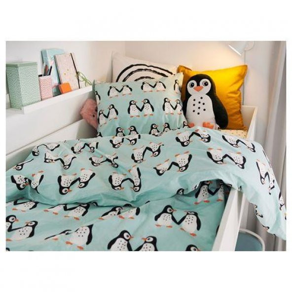 Çocuk Nevresim Takımı MeridyenDukkan Açık Turkuaz Renk Penguen Temalı 150x200Cm - 8
