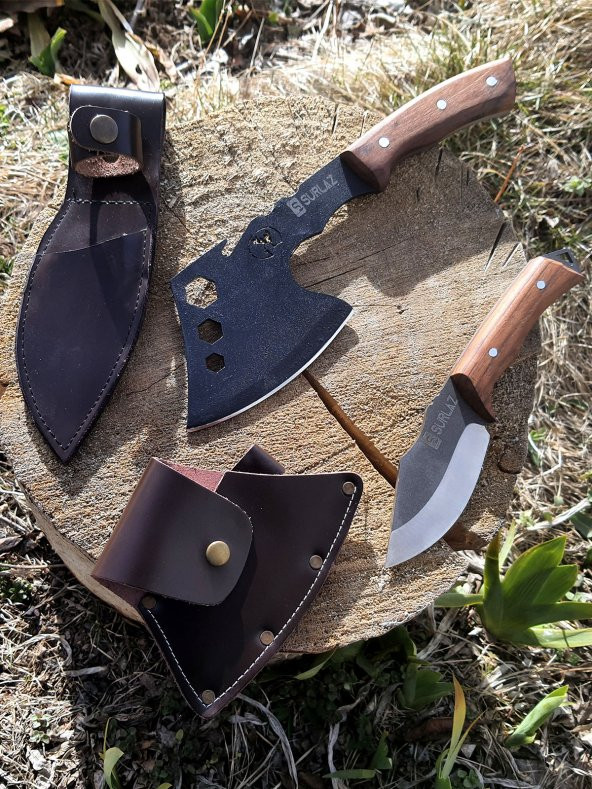 SürLaz Kamp Balta Bıçak Seti 2 Parça Bıçak Kılıflı Outdoor Bıçak Deri Kılıf - 4