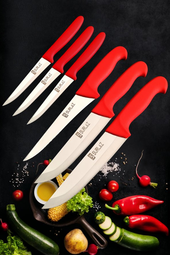 SürLaz Mutfak Bıçak Seti Sebze Ekmek Bıçağı Red Serisi 6 Parça