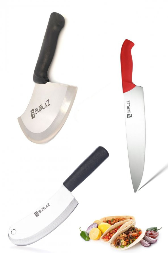 SürLaz 3Lü Mutfak Bıçak Seti Şef Bıçağı Soğan Satırı Pizza Kesici