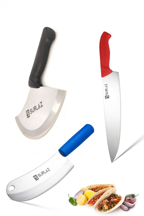 SürLaz 3 Parça Pratik Mutfak Bıçak Seti Sef Bıçağı Satır Zırh Pide Bıçağı