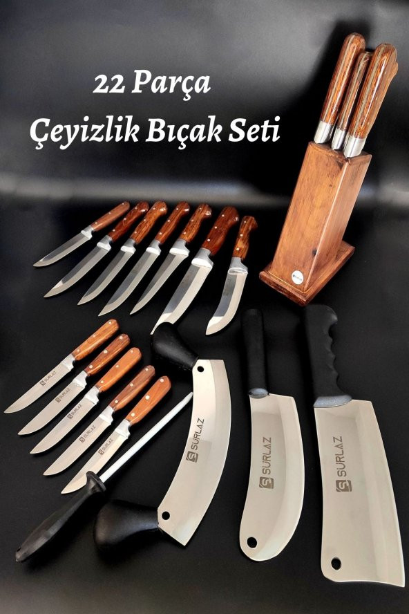 SürLaz Mutfak Bıçak Seti 22Li Kokoreç Satırlı Çeyizlik - 1