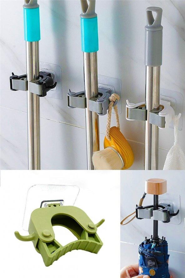 3 Adet - Paspas Süpürge Fırça Ve Mop Askısı Sap Tutucu Mutfak Banyo Askı Pratik Duvar Askı Aparatı